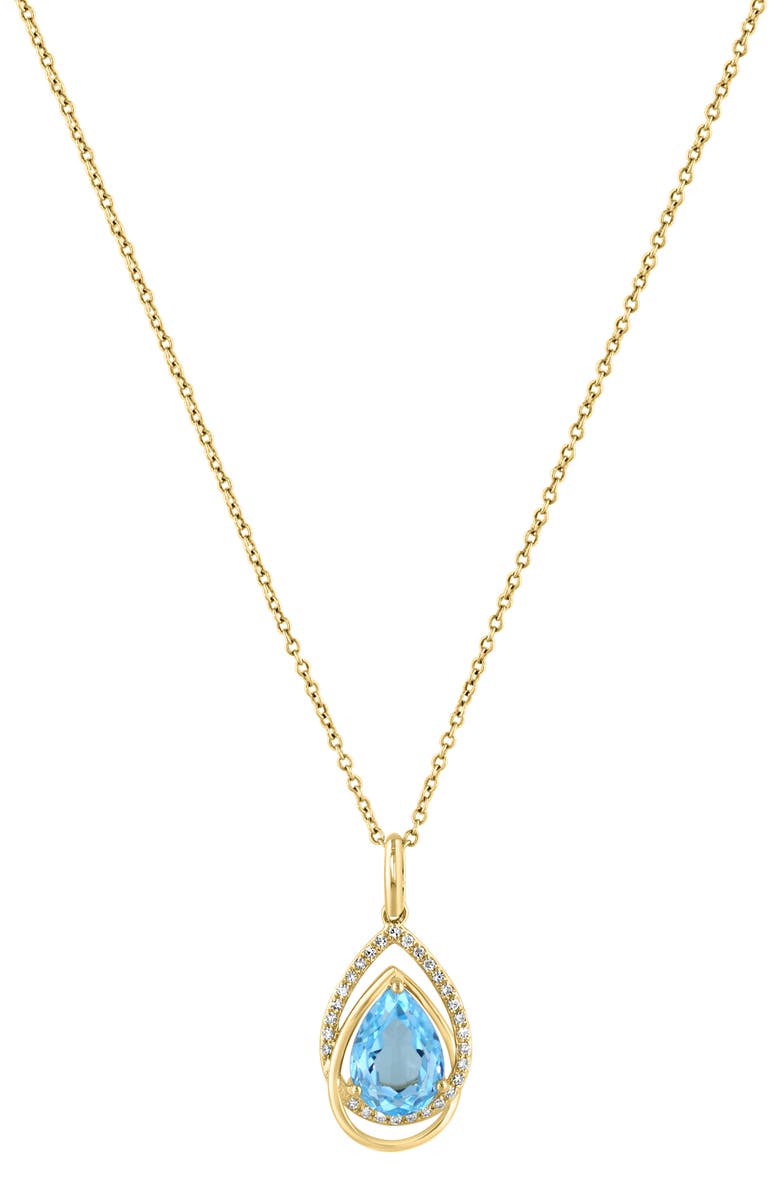 EFFY 14K Gold Blue Topaz Diamond Pavé Halo Pendant Necklace, Main, color, 