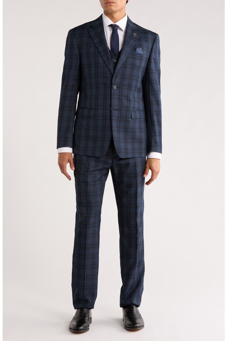 Glen Plaid Stretch 3-Piece Suit, Main, color, NAVY