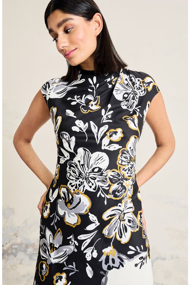 Placed Metallic Floral Midi Dress, Alternate, color, CREAM/ GREY