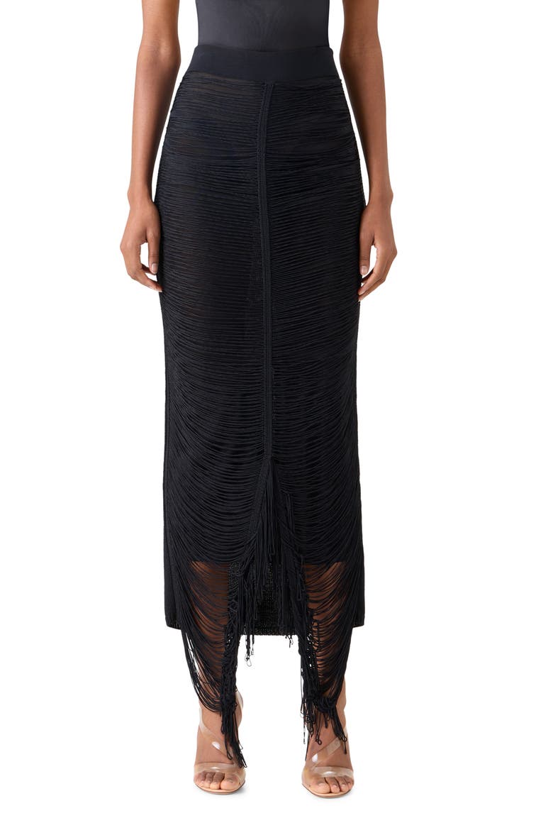 Fringed Silk Knit Skirt, Main, color, BLACK