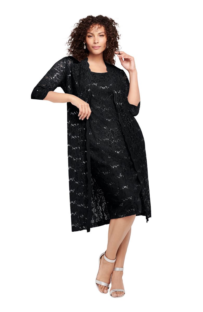 Roaman's Plus Size 3/4 Sleeve Formal Duster Sequin Embellished Lace Dress Set, Main, color, Black