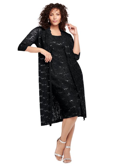 Plus Size 3/4 Sleeve Formal Duster Sequin Embellished Lace Dress Set (Plus)