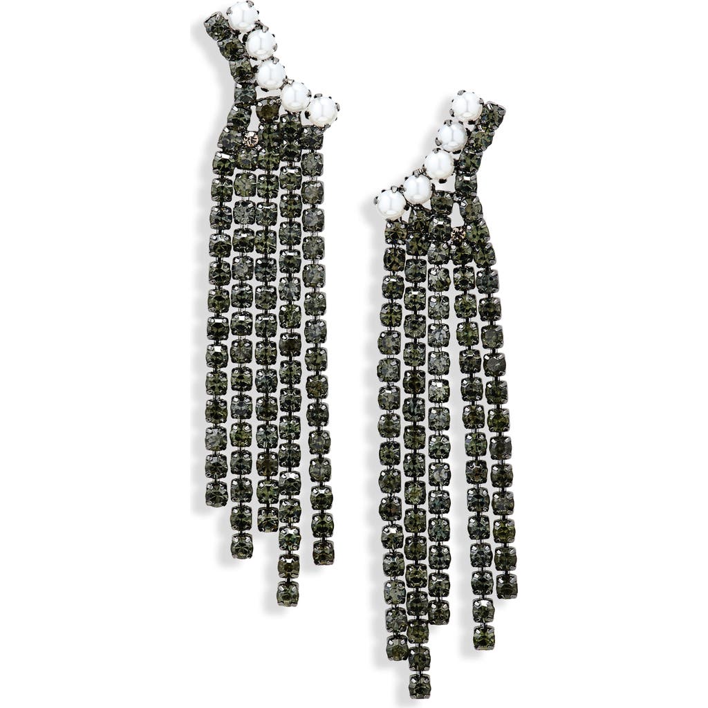 Open Edit Faux Pearl & Crystal Fringe Drop Earrings In White- Hematite