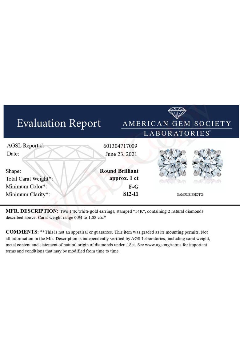 Certified 14K White Gold 1.0 Ctw Solitaire Diamond Stud Earrings, Alternate, color, White