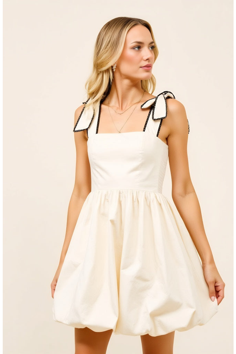 Bow Strap Bubble Hem Mini Dress with Square Neckline Detail, Alternate, color, Off-white / Cream