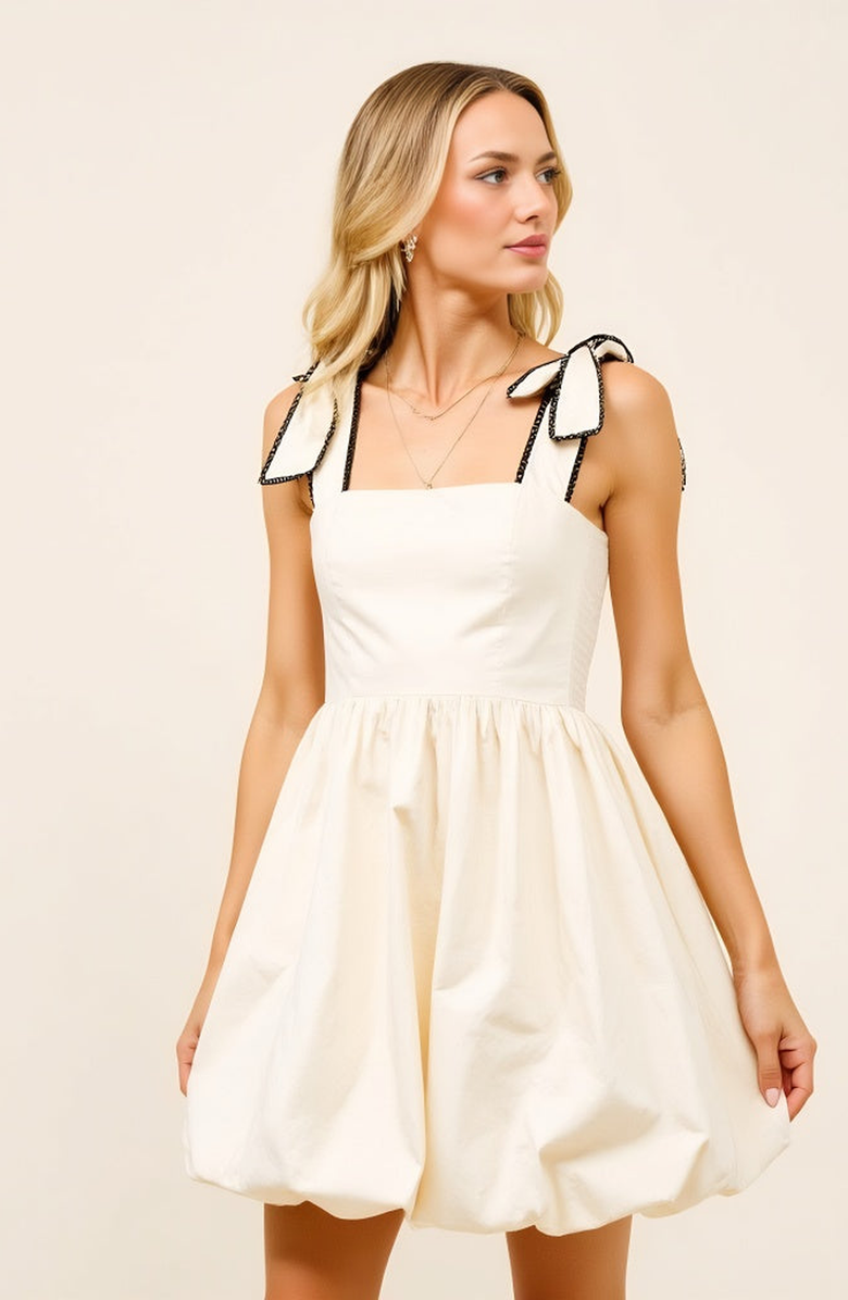Modenaire Bow Strap Bubble Hem Mini Dress with Square Neckline Detail, Alternate, color, Off-White / Cream