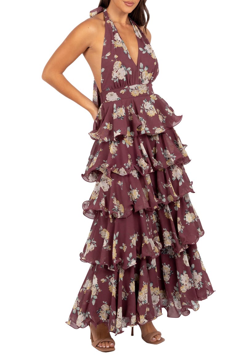 Kendall Tiered Halter Neck Maxi Dress, Main, color, DARK WINE