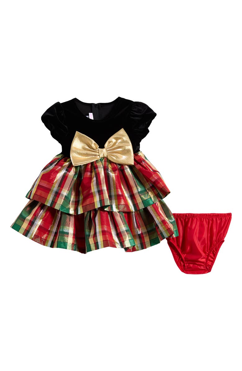 Bonnie Jean Velvet Holiday Plaid Dress & Bloomers, Main, color, Red
