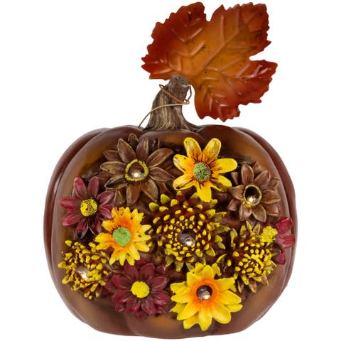 LED Lighted Solar Powered Floral Fall Harvest Pumpkin Outdoor Decoration - 8"