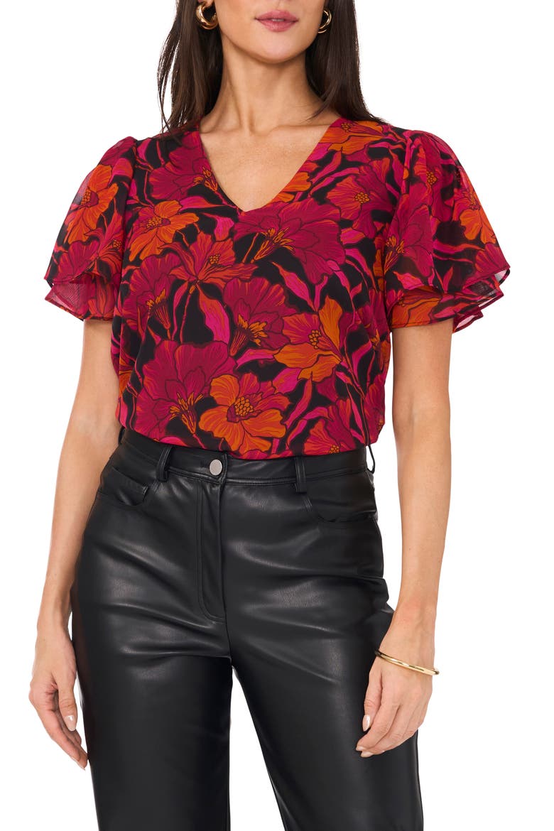 Floral V-Neck Ruffle Sleeve Top, Main, color, CHERRY NOIR