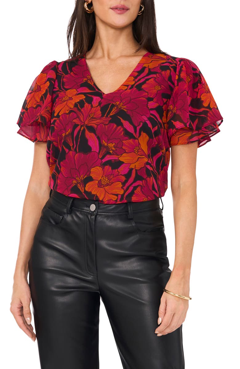 Vince Camuto Floral V-Neck Ruffle Sleeve Top, Main, color, Cherry Noir