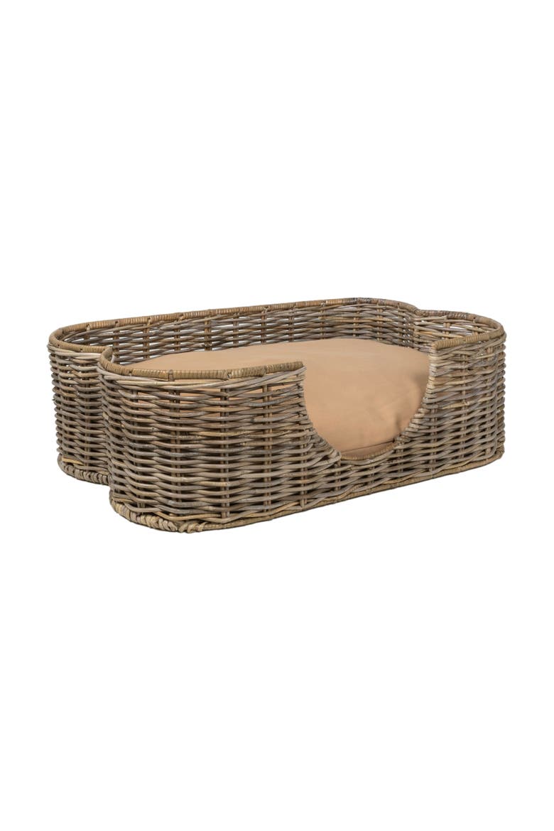 Scallop Tropical Handwoven Rattan Pet Bed with Machine Washable Cushion, Alternate, color, Kubu Gray