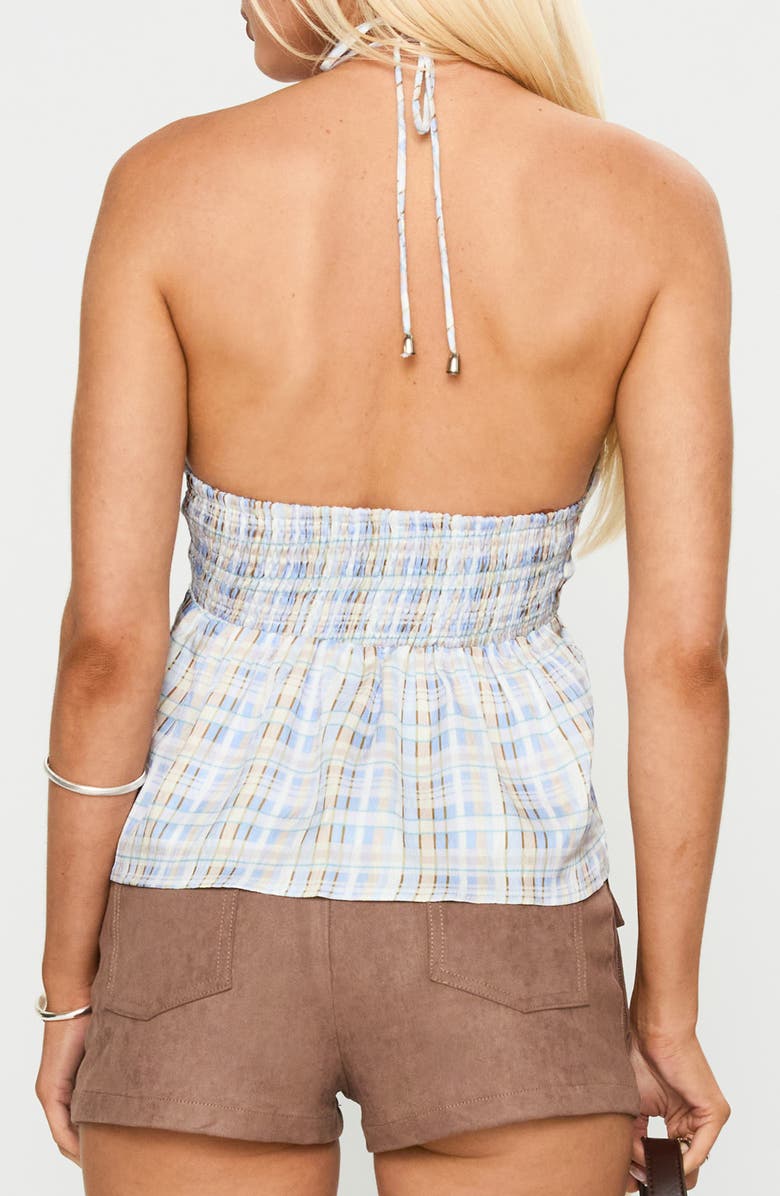 Princess Polly Gadot Check Ruched Halter Top, Alternate, color, Blue Check