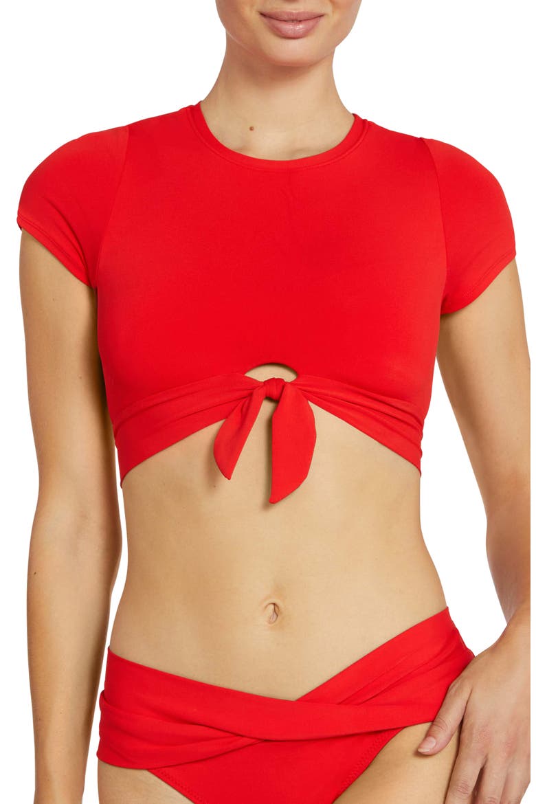 Ava Knot Front Tee Bikini Top, Main, color, FIERY RED