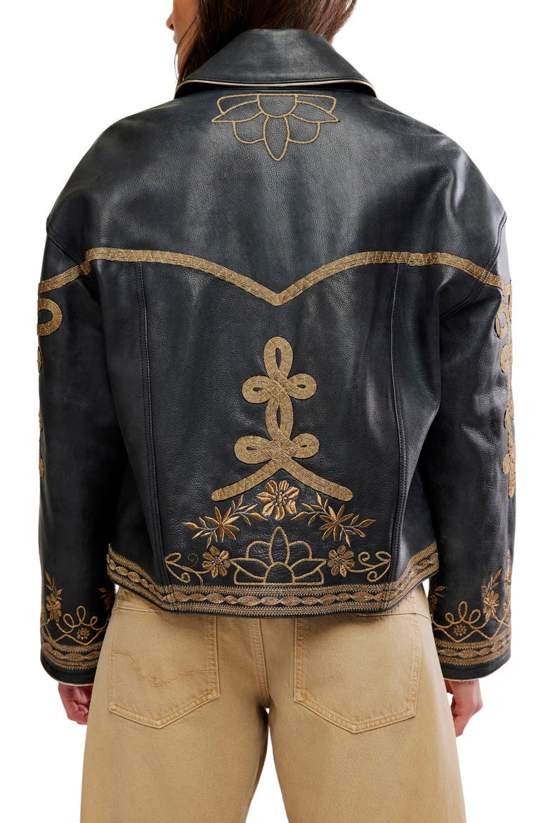 Lana Embroidered Leather Jacket, Alternate, color, BLACK