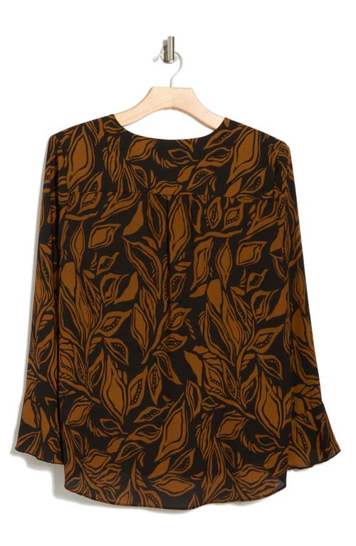 T Tahari Long Sleeve Button-up Top In Black/brown Jungle Leaf Print