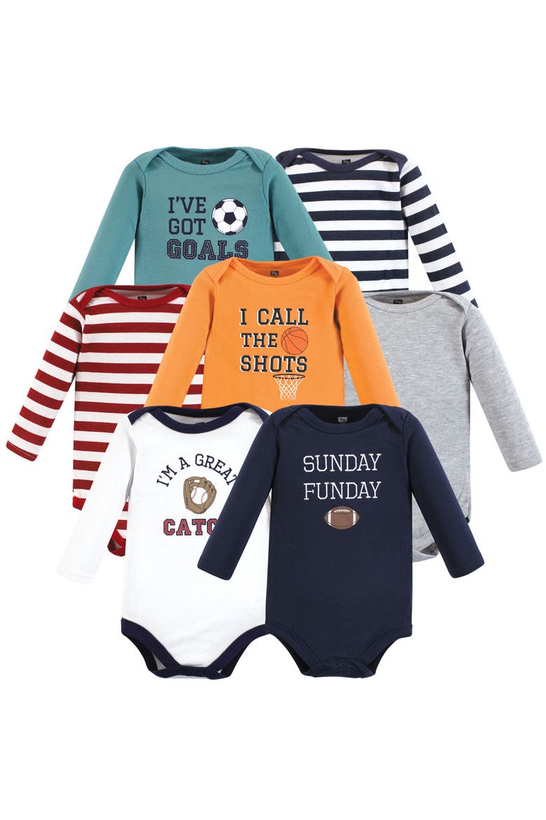 Cotton Long-Sleeve Bodysuits 7-Pack, Main, color, Sports Stripes