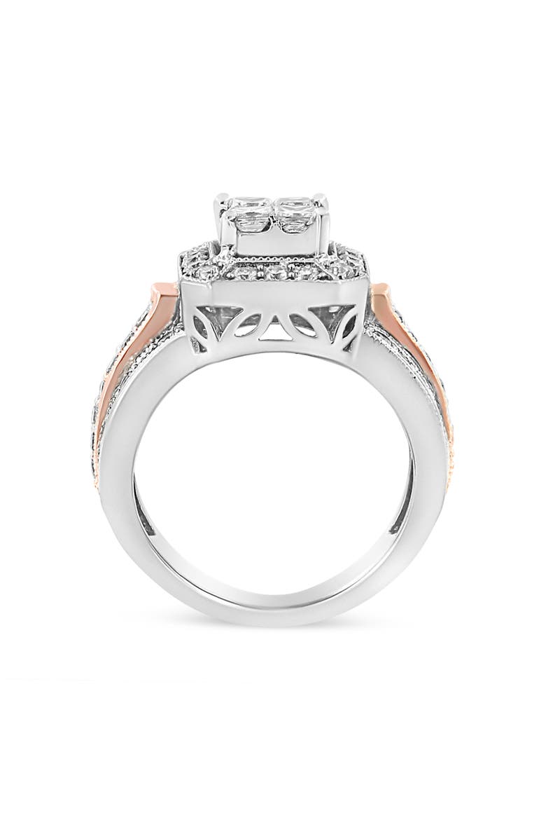 14K White and Rose Gold 1 1/8 Cttw Diamond Art Deco Style Triple Shank Cocktail Ring, Alternate, color, White