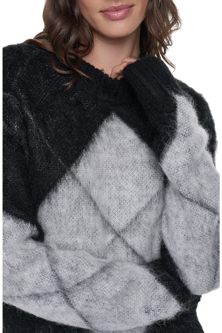 Brushed Argyle Intarsia Crewneck Sweater, Alternate, color, BLACK/ IVORY