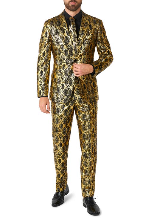Shiny Snakeskin Pattern Two Button Notch Lapel Suit