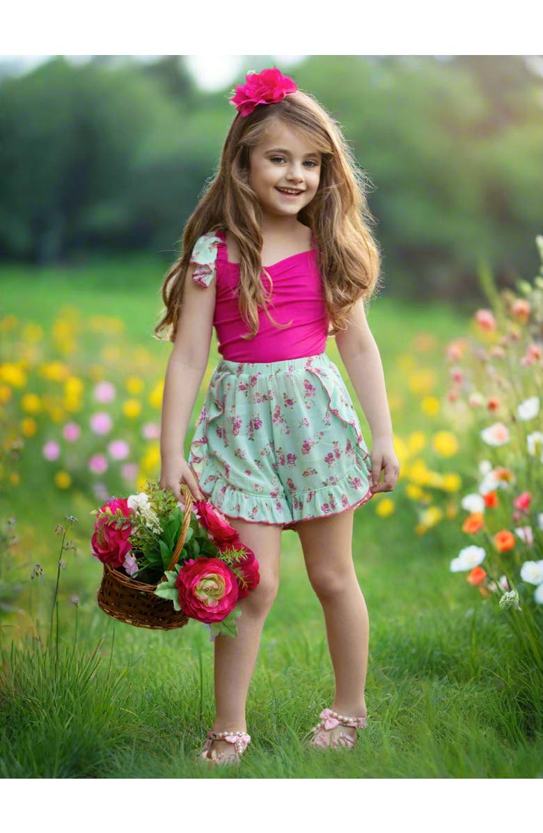 Mia Belle Girls Girls Fuchsia Floral Ruffle Top and Mint Blossom Shorts Set, Alternate, color, 