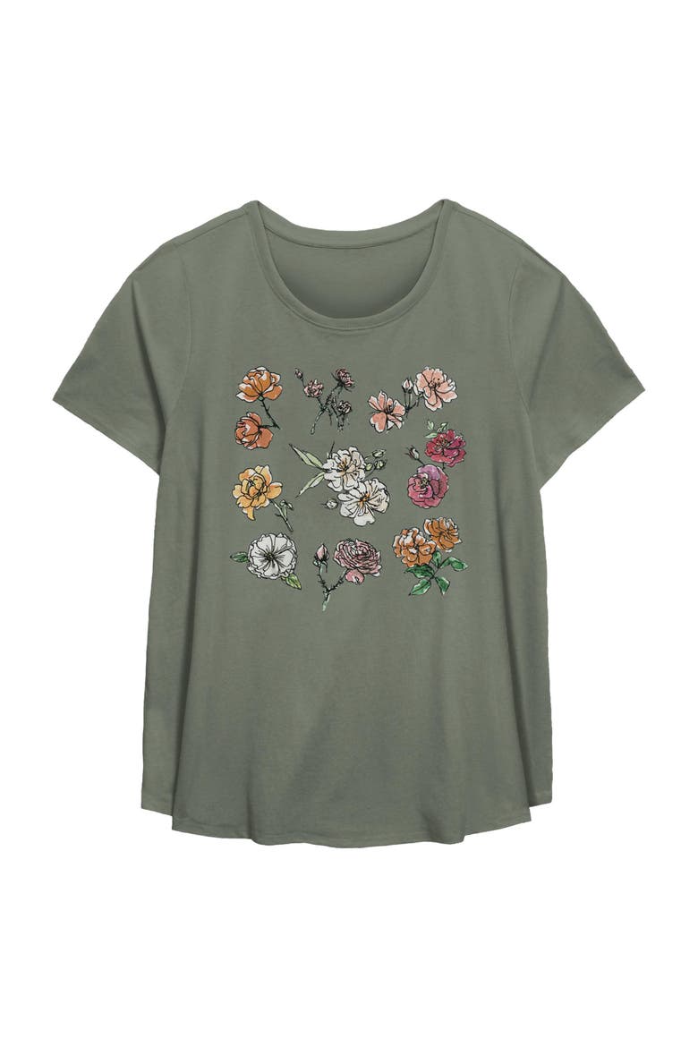 Women's Lost Gods Dainty Watercolor Flowers  Graphic T-Shirt, Main, color, Sage Green