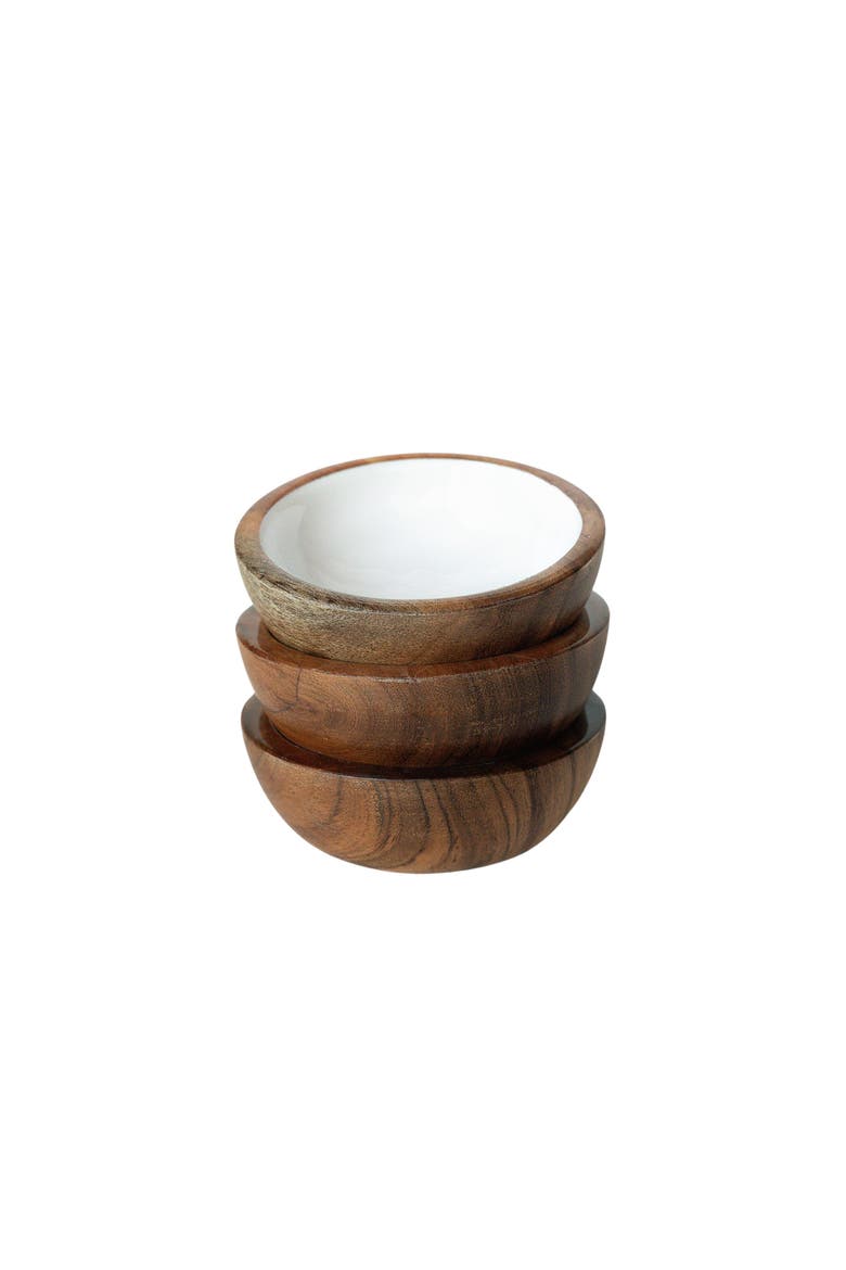 Wood + White Collection Acacia Wood 3 Dipping Bowls and Tray, Alternate, color, White, Brown