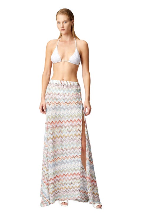 Long Cover-up Skirt With 3d Zig Zag Lamé And Slit