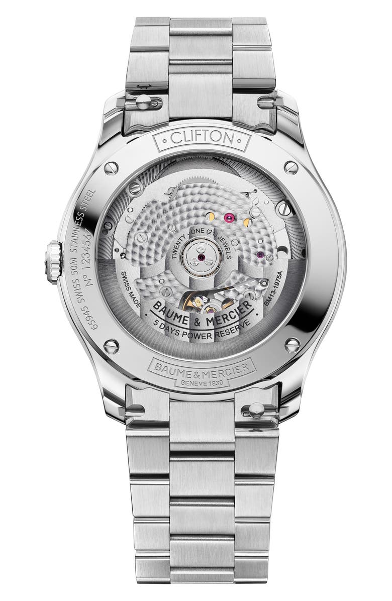 Baume & Mercier Clifton Braumatic Bracelet Watch, 39mm, Alternate, color, White/ Silver