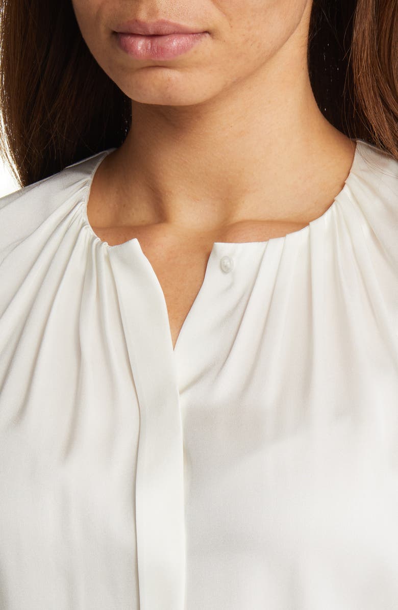 BOSS Banorah Pleat Neck Stretch Silk Blouse, Alternate, color, Open Wht