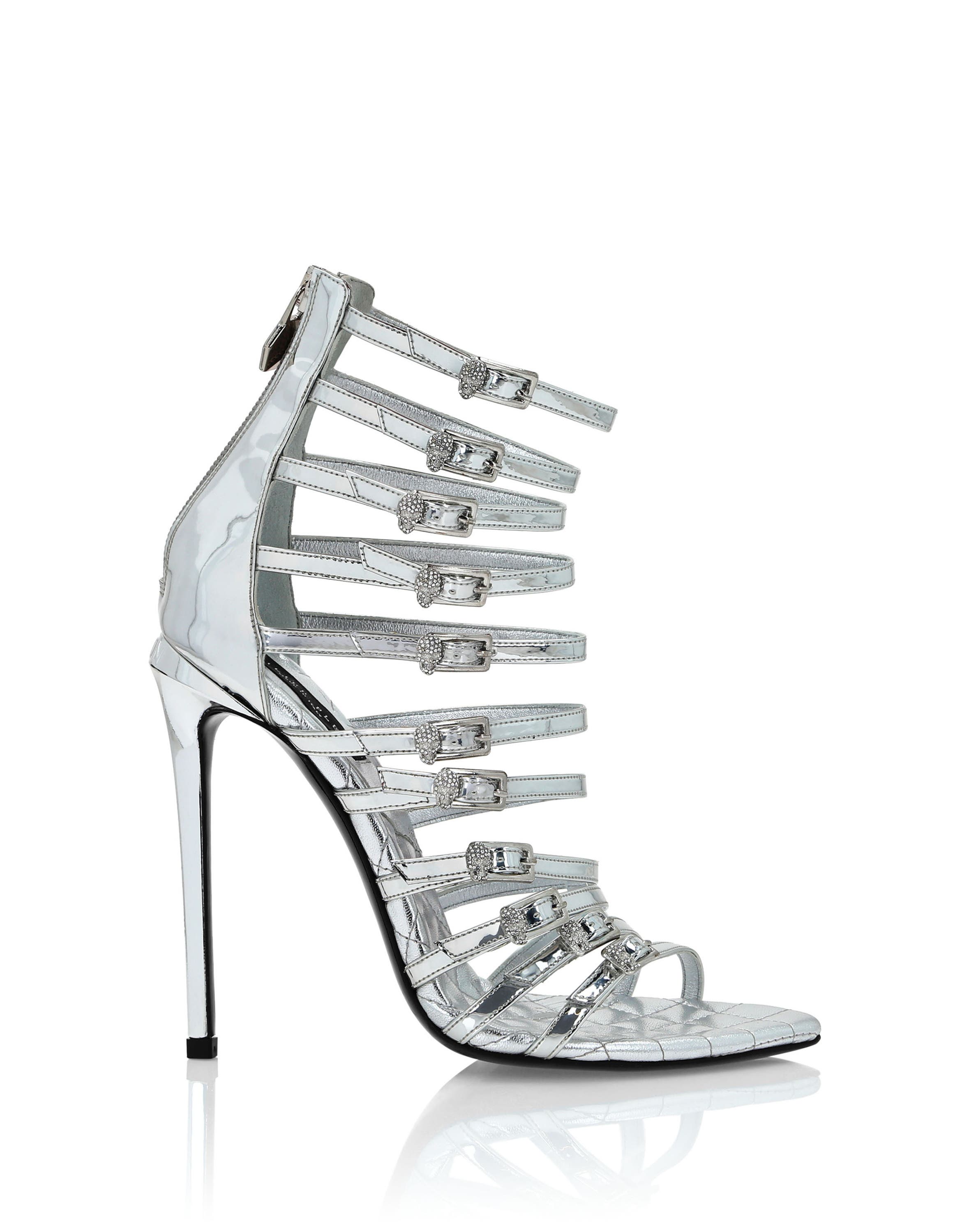 Mirror Leather Sandals High Plein Heels Skull Women, Alternate, color, Silver