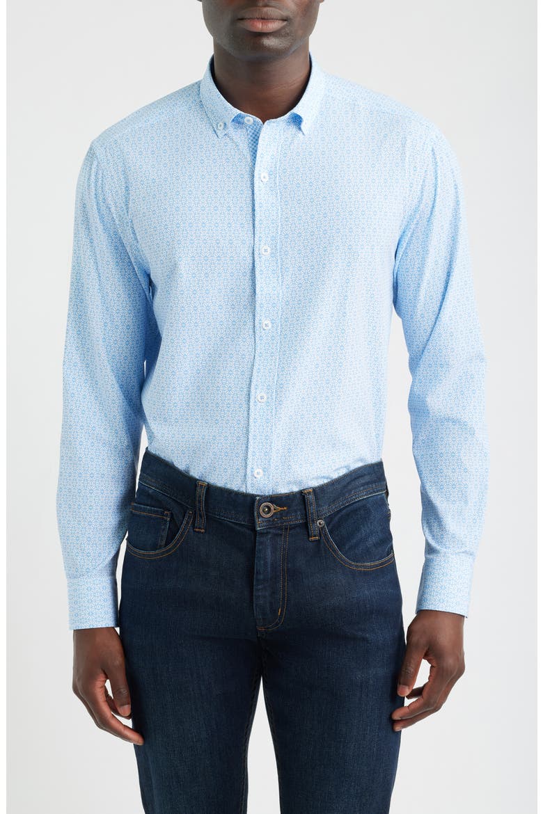 XC+™ Football Print Performance Button-Down Shirt, Main, color, LIGHT BLUE