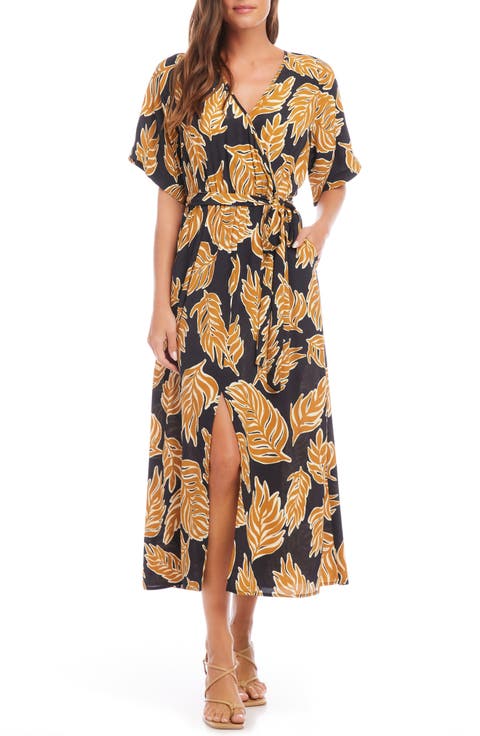 Leaf Print Faux Wrap Midi Dress