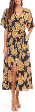 Karen Kane Leaf Print Faux Wrap Midi Dress