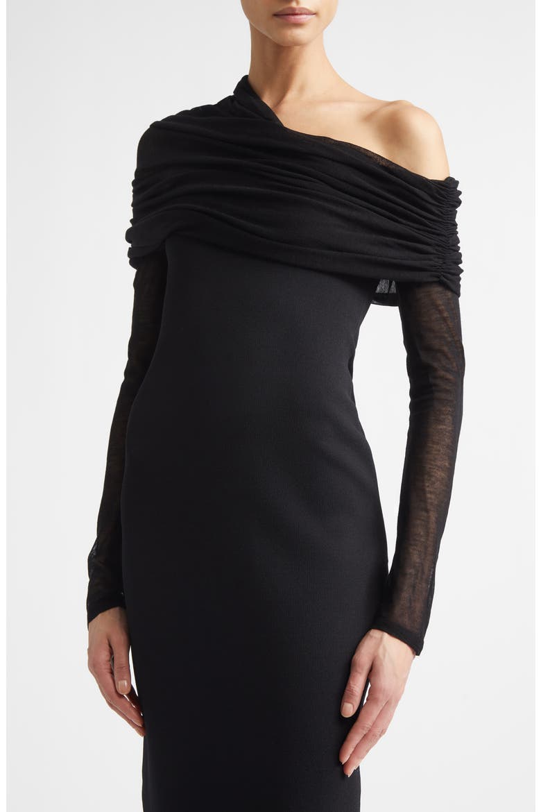 Meyer Draped One-Shoulder Long Sleeve Midi Dress, Alternate, color, BLACK
