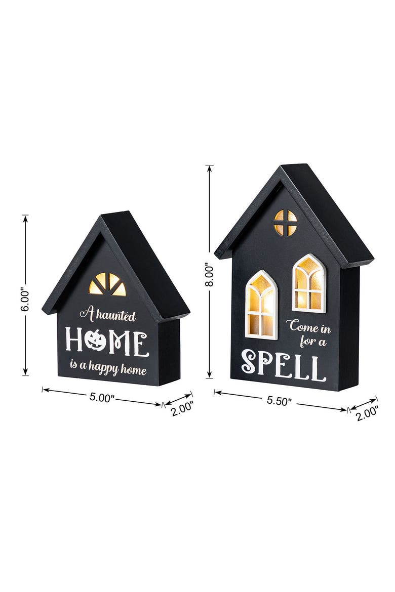 Set of 2 Lighted Halloween Wooden House-shaped Table Decor, Alternate, color, Black