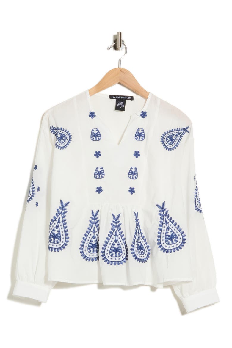 Embroidered V-Neck Cotton Top, Alternate, color, WHITE/ BLUE