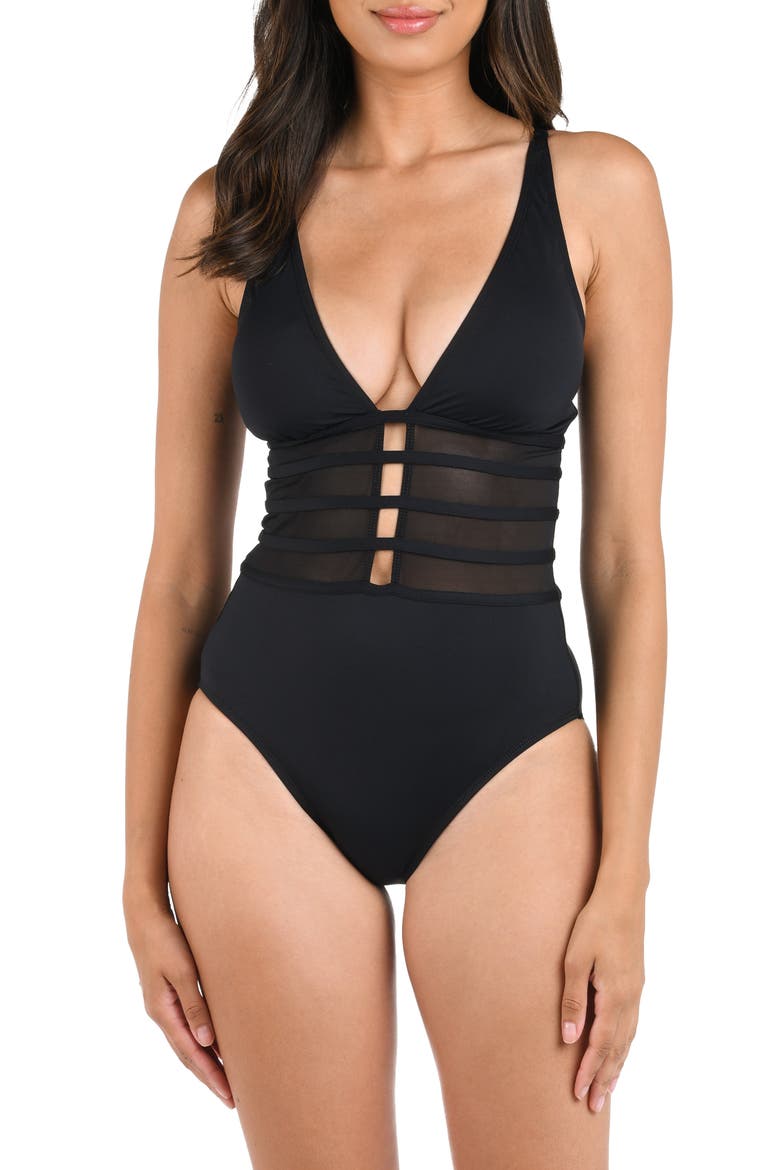 Strappy Mesh Inset One-Piece Swimsuit, Main, color, BLACK