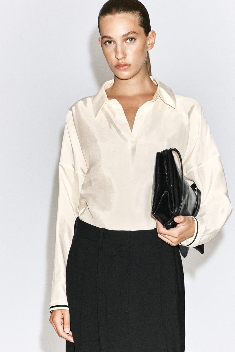 Contrast-Tipped Sculpted Open-Collar Shirt, Alternate, color, IVORY