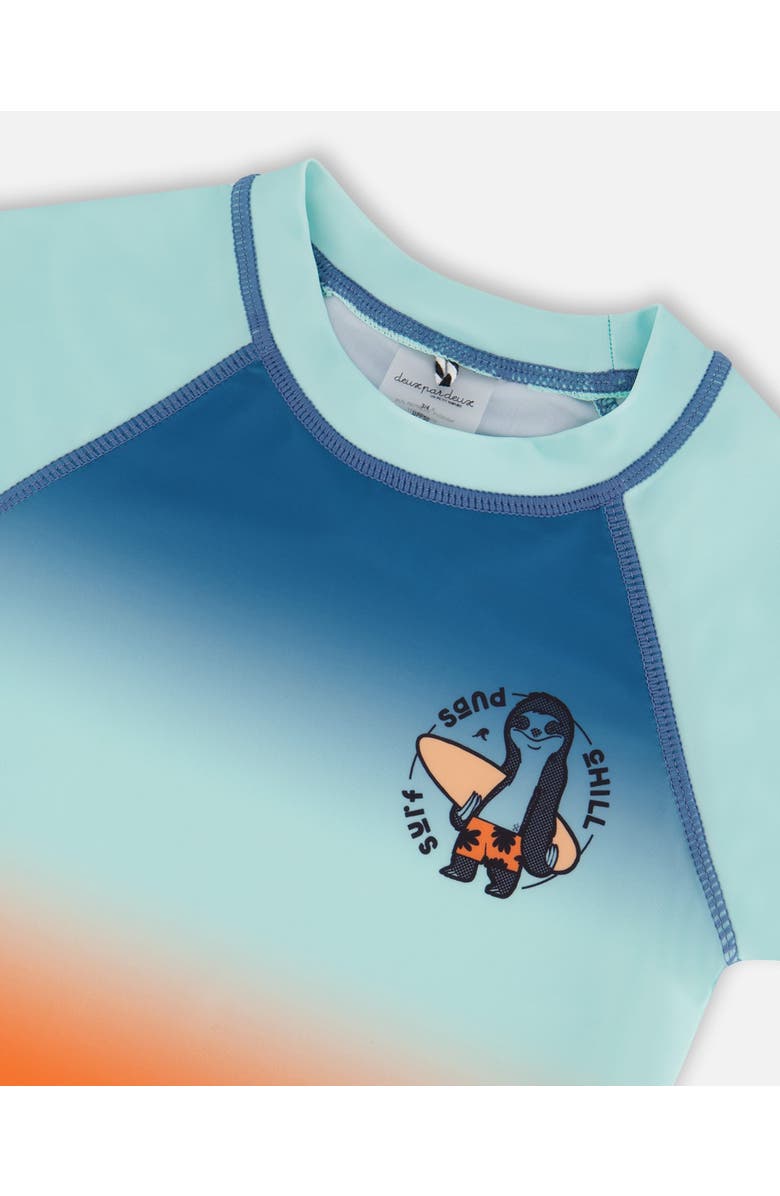 Deux par Deux Boy's Short Sleeve Rashguard Navy Blue, Turquoise, And Orange, Alternate, color, Navy Blue Turquoise And Orange
