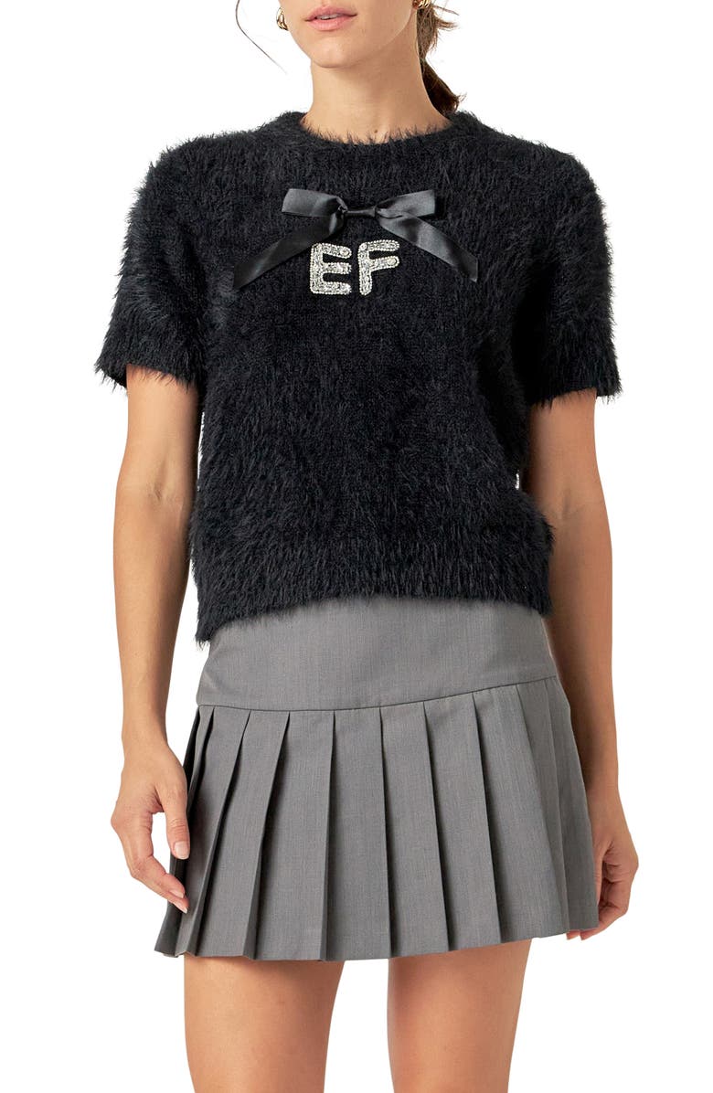 English Factory Rhinestone Logo Short Sleeve Sweater, Alternate, color, Black