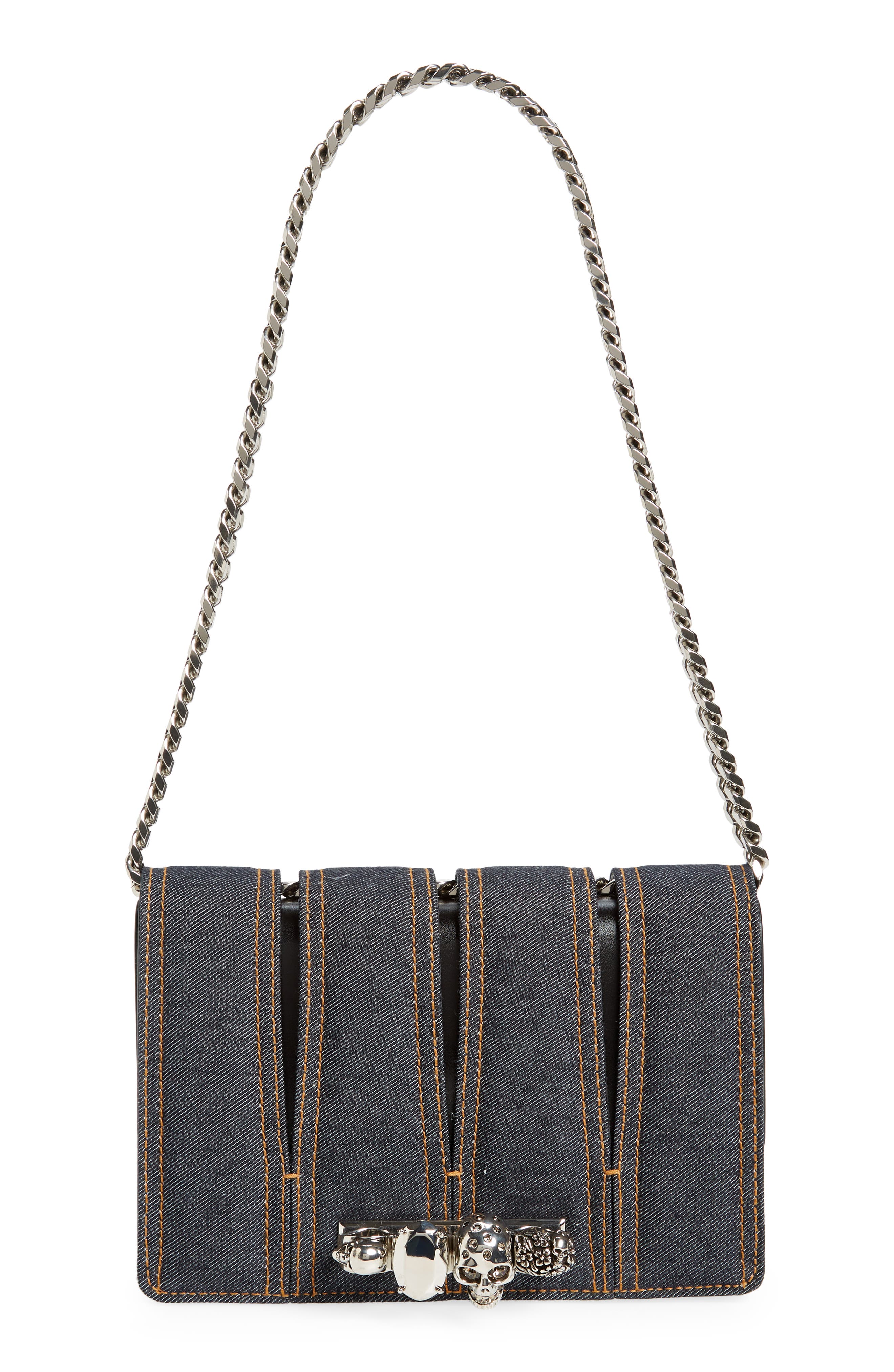 McQueen Slash Cutout Knuckle Denim Crossbody Bag, Main, color, 