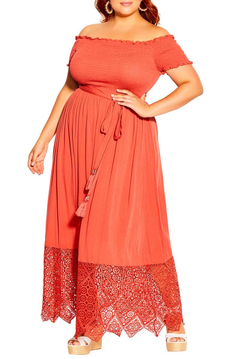 City Chic Off the Shoulder Maxi Dress, Main, color, Tangerine