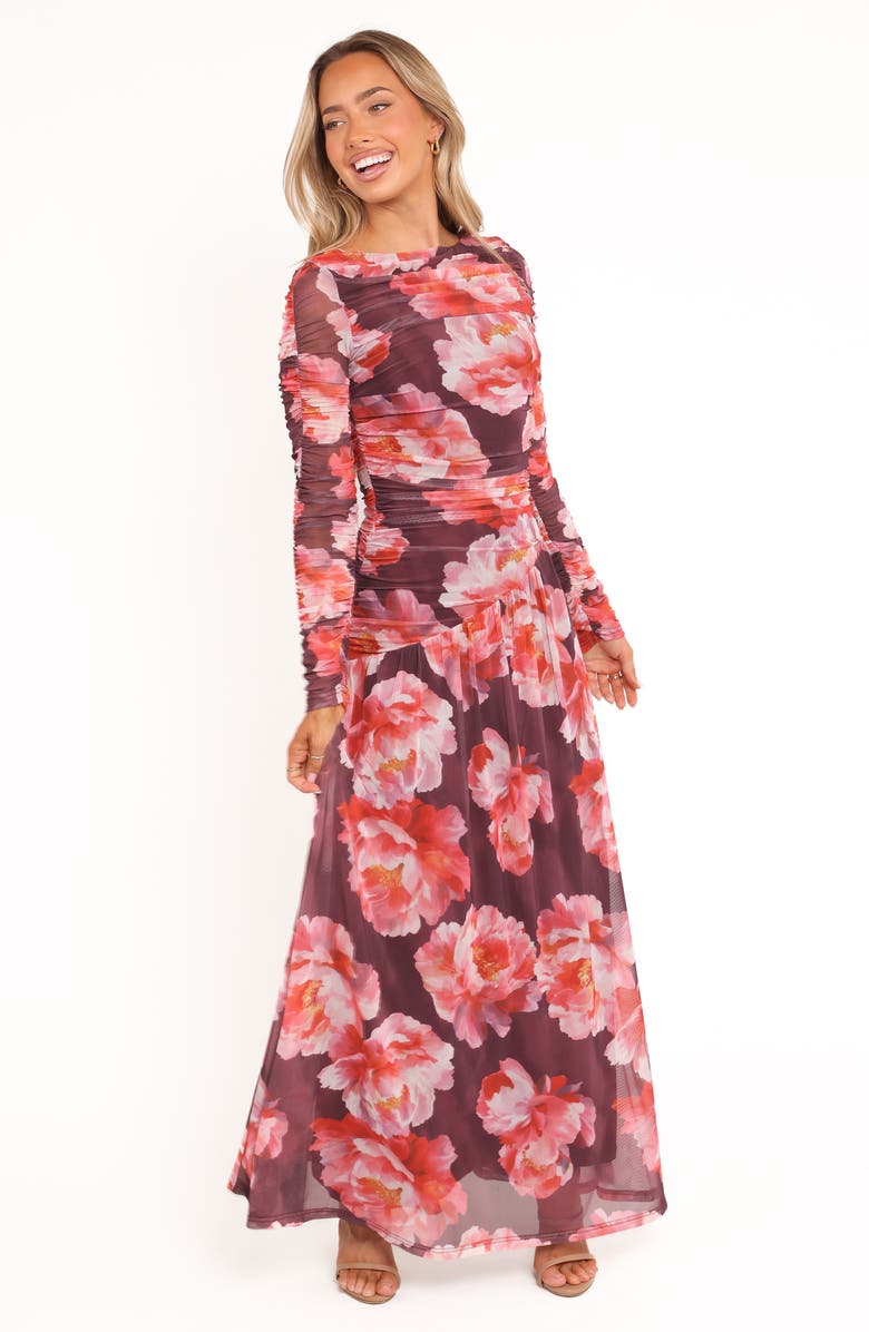 Petal & Pup Calypso Floral Ruched Long Sleeve Mesh Maxi Dress, Alternate, color, Burgundy Peony