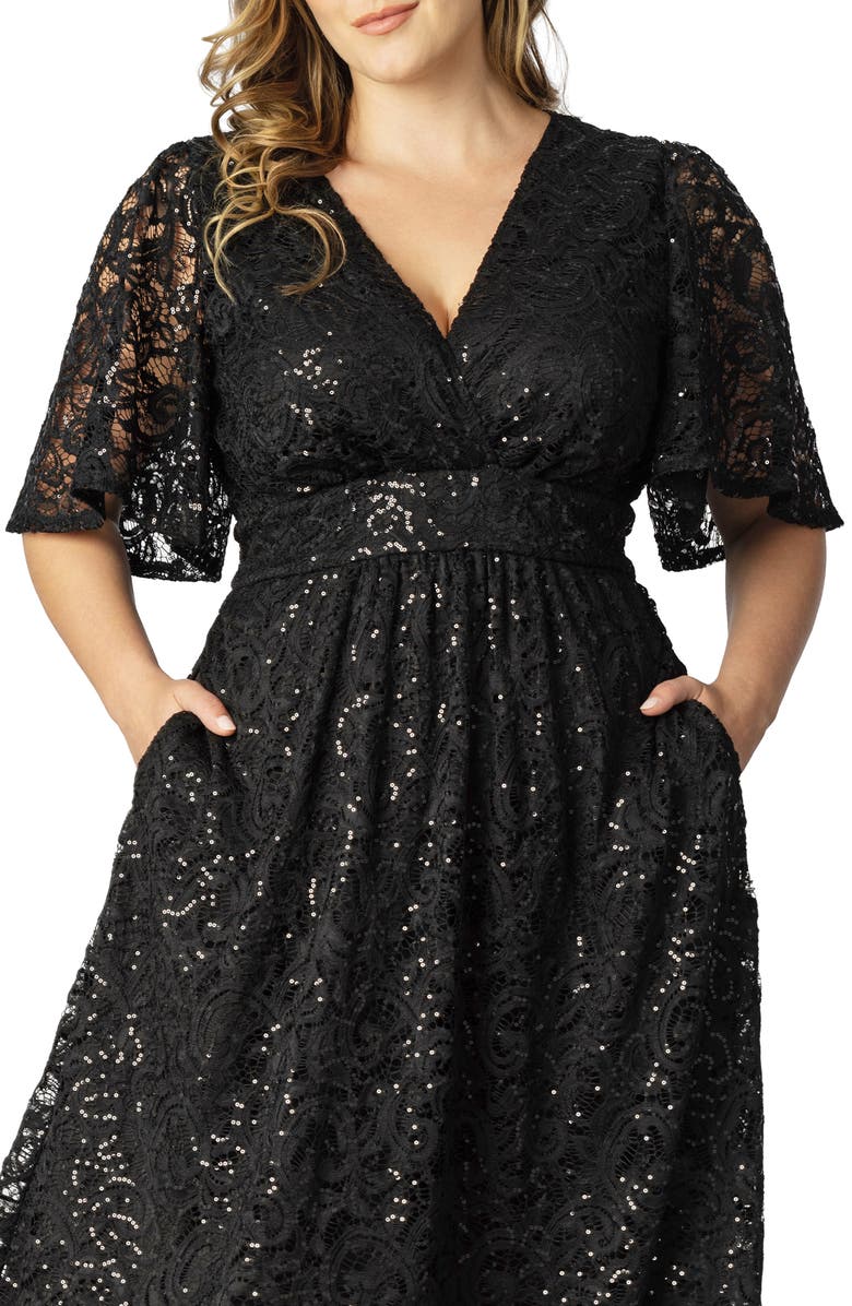 Kiyonna Starry Sequin Lace Fit & Flare Cocktail Dress, Alternate, color, Onyx