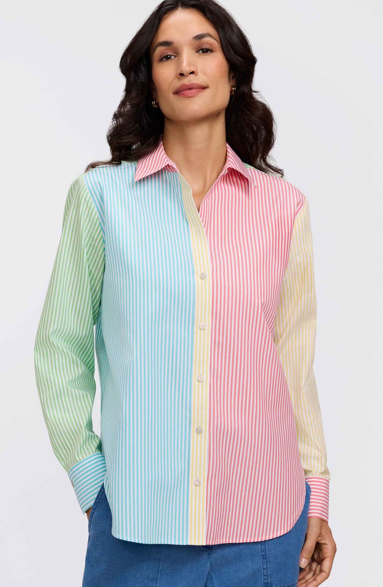 Foxcroft Meghan Colorblock Stripe Cotton Button-Up Shirt, Alternate, color, Pink Multi