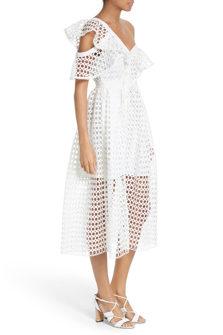 Ruffled Lace Midi Dress, Alternate, color, WHITE