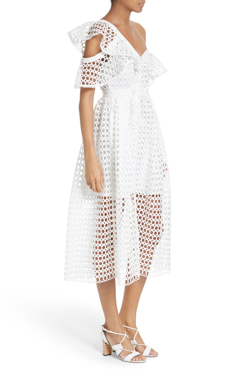 Self-Portrait Ruffled Lace Midi Dress, Alternate, color, 