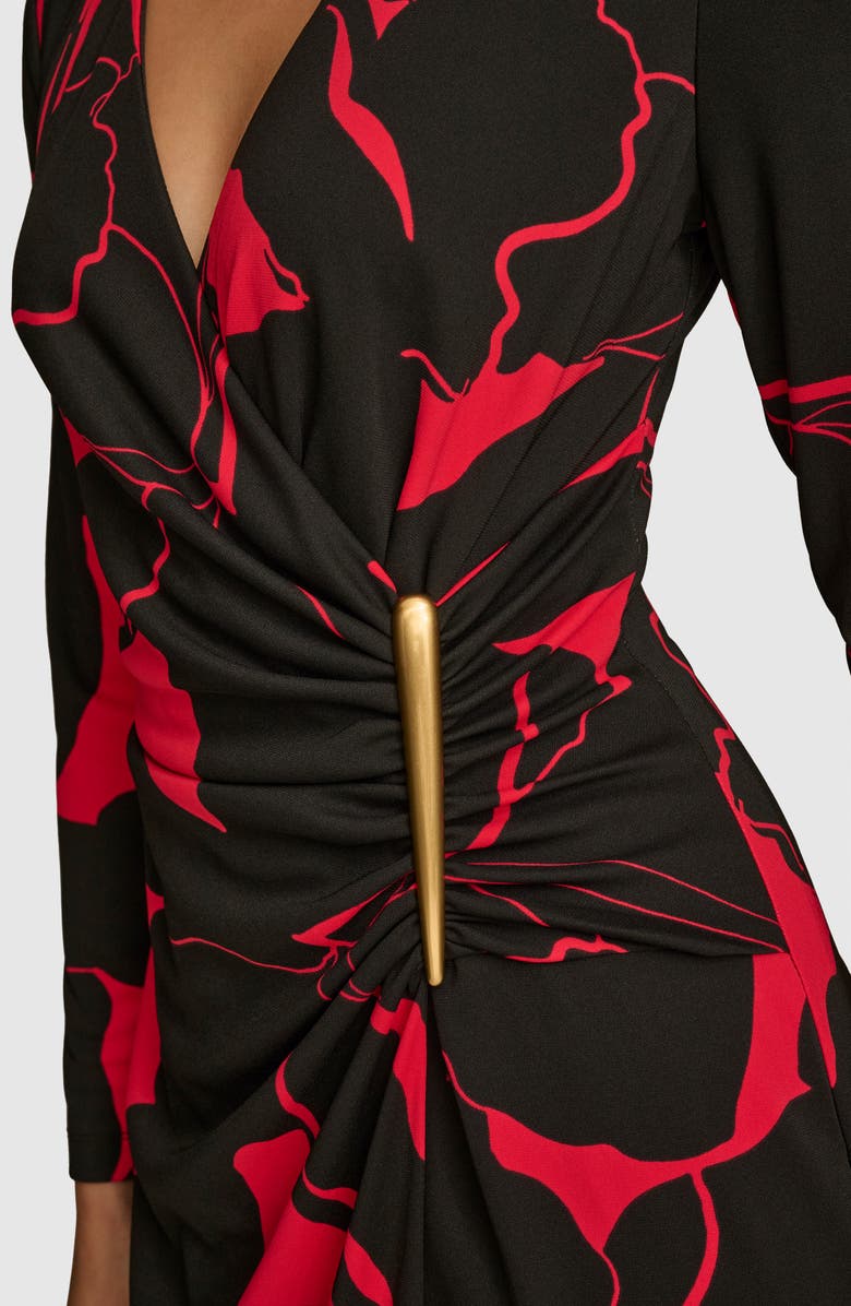 Donna Karan New York Bar Long Sleeve Faux Wrap Jersey Midi Dress, Alternate, color, Black/ Red Multi
