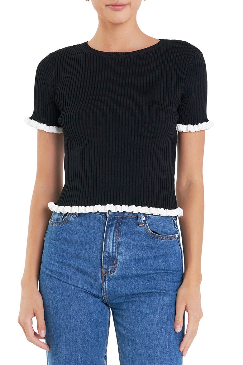 Ruffle Trim Short Sleeve Rib Sweater, Main, color, BLACK/ WHITE